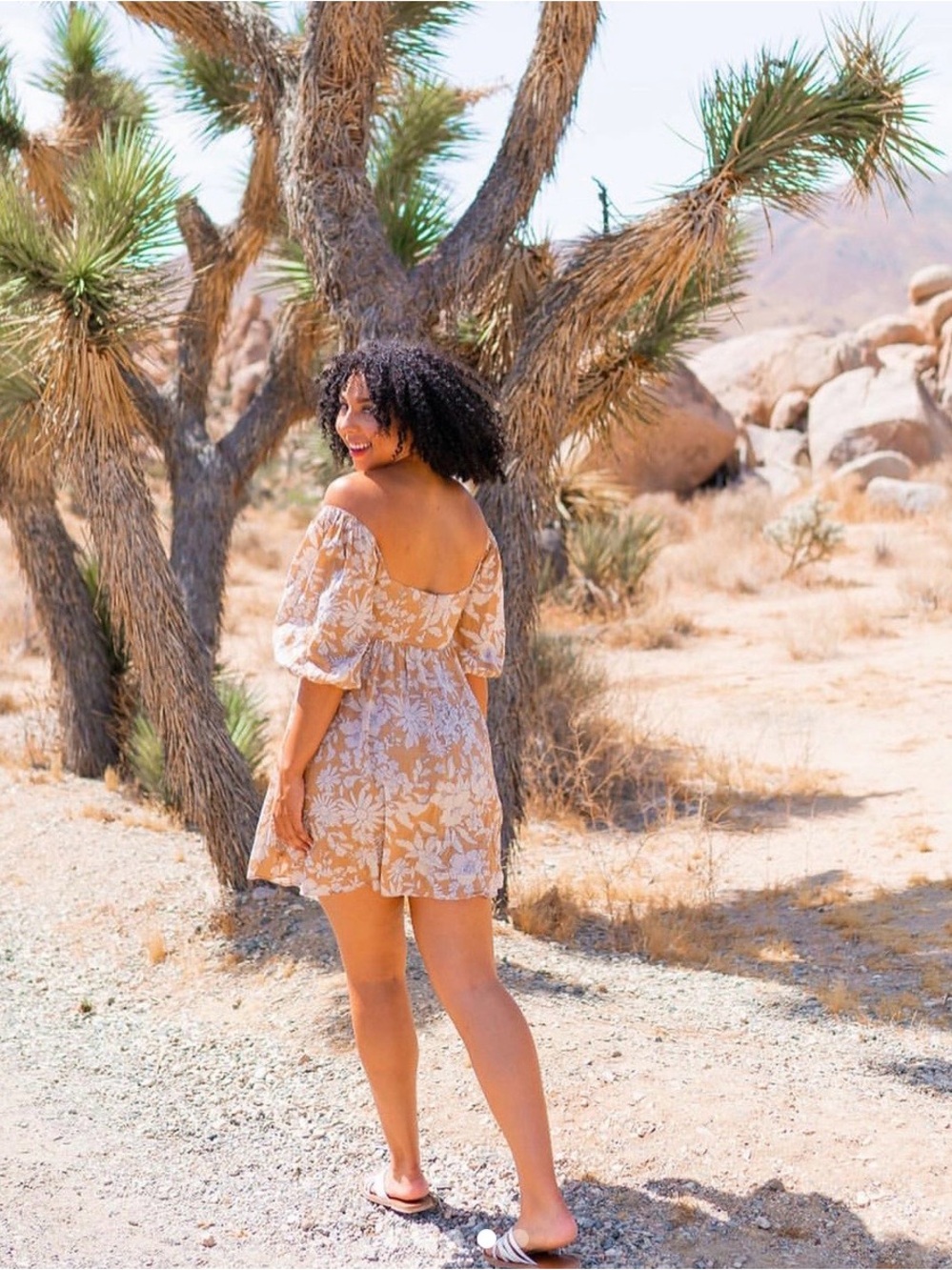 Puff-Sleeve Floral Mini Babydoll Dress in Beige and White
